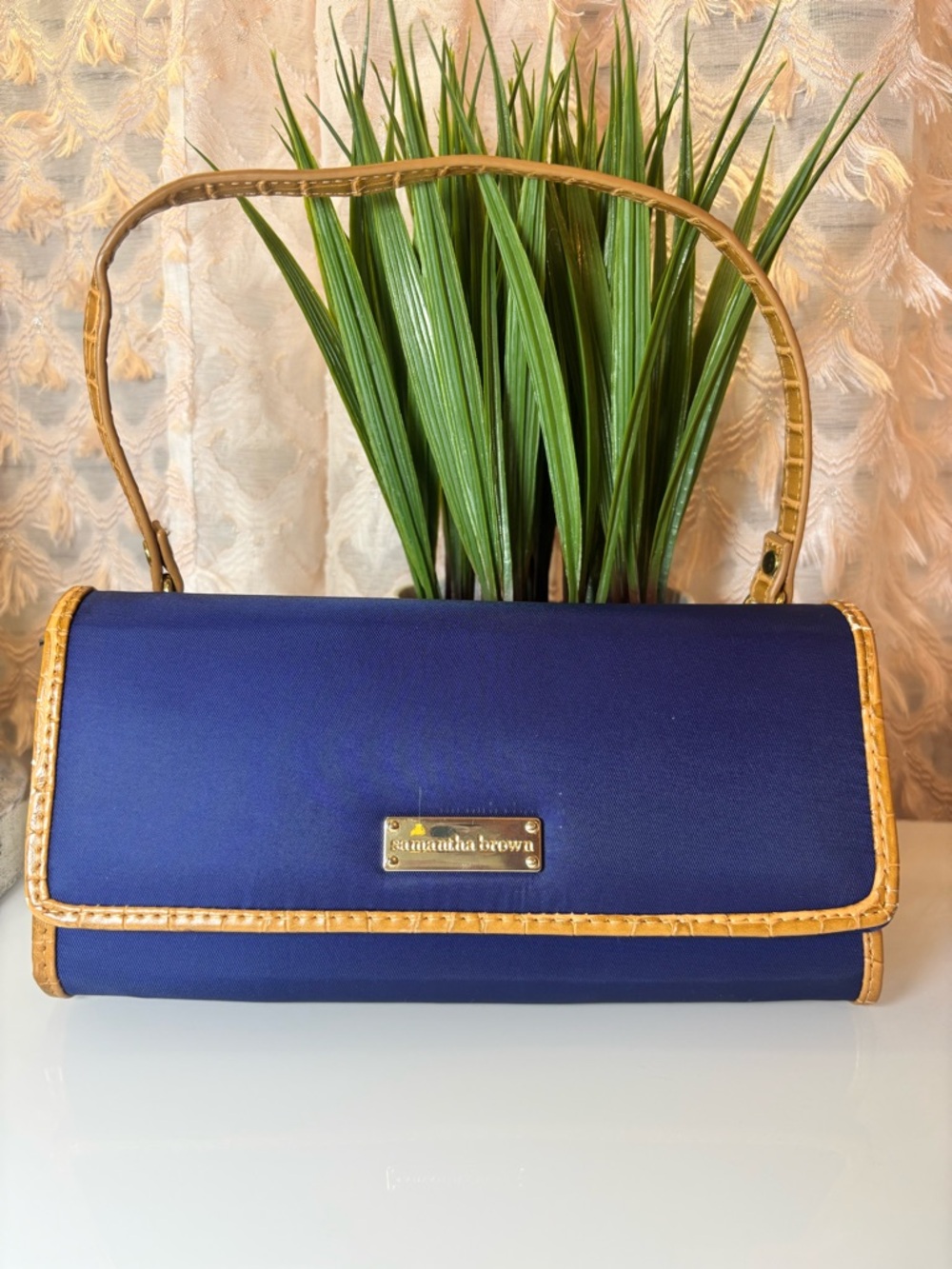 Samantha Brown Navy Shoulder Bag with Tan Trim